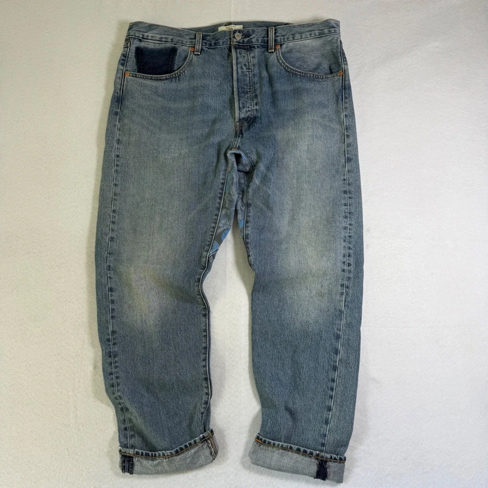 Levis Altered Taper Jeans Mens 38x32 Blue Light Wash Button Fly Reconstructed